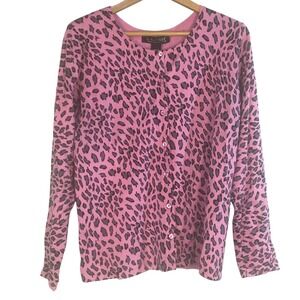 Dialogue Pink Leopard Print Silk Nylon Blend Cardigan Sweater Top Women's Large